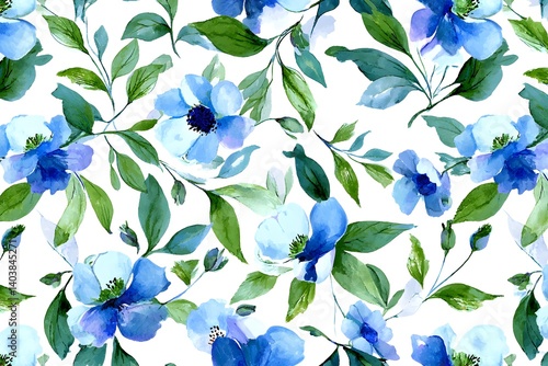 Seamless floral pattern with blue flowers and green leaves on a white background in watercolor style