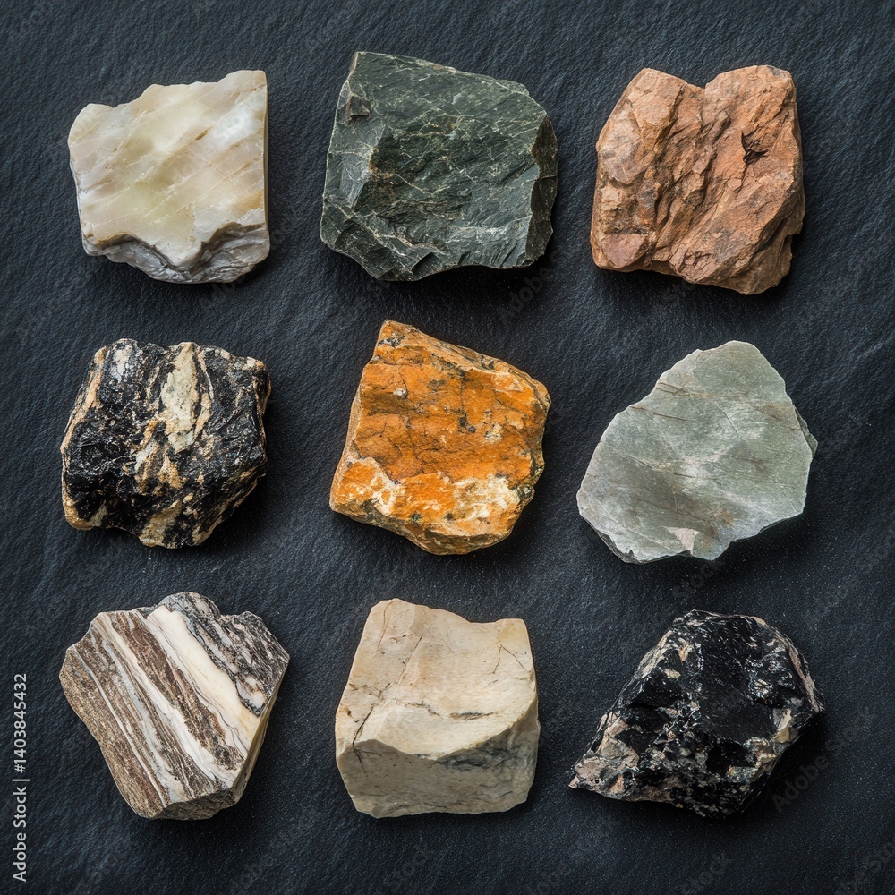 Geological collection of diverse mineral specimens on dark slate background showcasing unique textures and colors in a studio setting with overhead angle Geological collection of diverse mineral specimens on dark slate background showcasing unique textures and colors in a studio setting with overhead angle