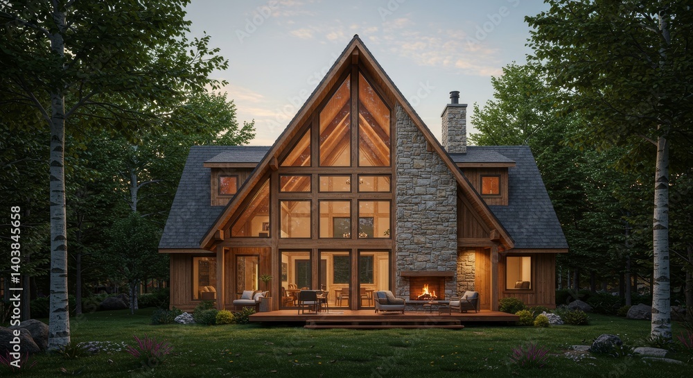 Modern A-Frame Cabin in the Woods - Stunning modern A-frame cabin nestled in a serene forest setting, featuring expansive windows and a stone fireplace Modern A-Frame Cabin in the Woods - Stunning modern A-frame cabin nestled in a serene forest setting, featuring expansive windows and a stone fireplace