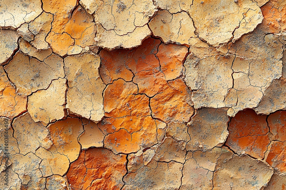 Fototapeta premium Abstract earthy texture with cracked clay patterns and vibrant orange hues