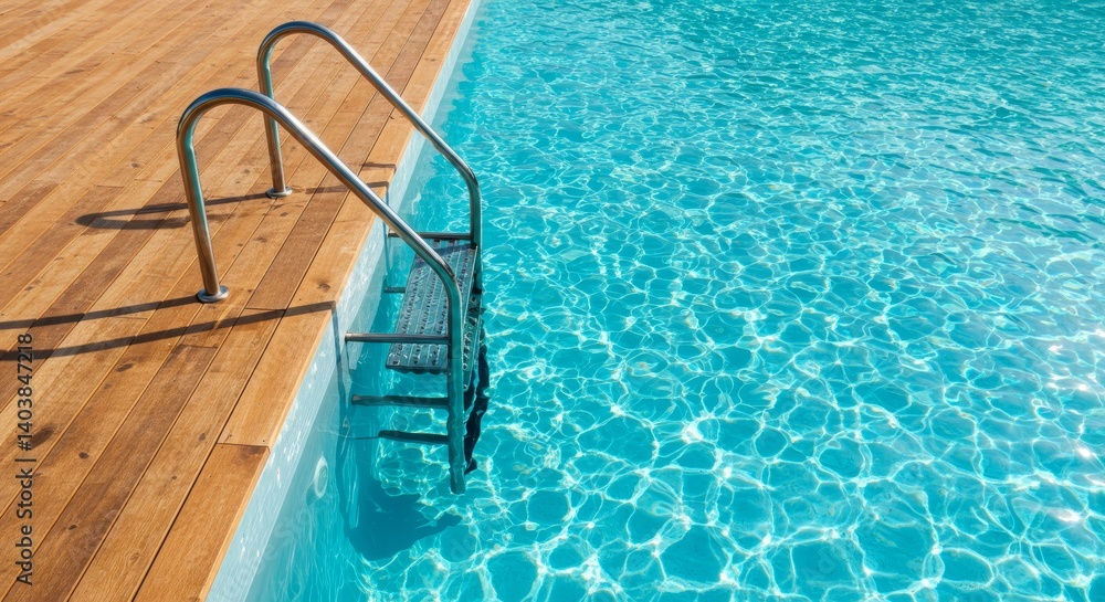 Obraz premium Modern Pool Design with Stainless Steel Steps and Wooden Deck - Luxury poolside relaxation. Stainless steel steps provide safe access to a refreshing turquoise pool. The warm wooden deck adds comfort
