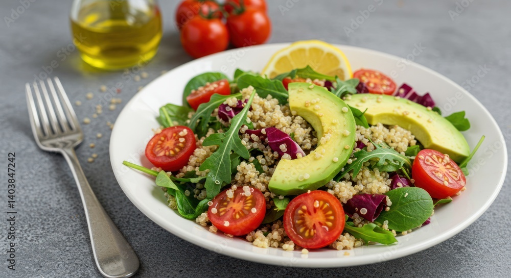 Salad with avocado tomatoes spinach beans and quinoa on a white plate. Salad with avocado tomatoes spinach beans and quinoa on a white plate.