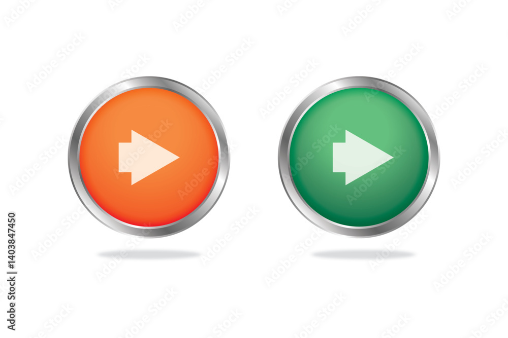 Right arrow icon buttons in circular orange and green design for navigation or forward control in UI. Right arrow icon buttons in circular orange and green design for navigation or forward control in UI.