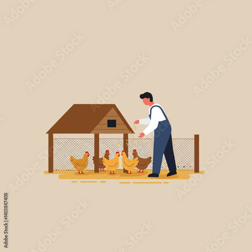 Farmer feeding chickens in a coop flat vector illustration