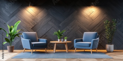 Two chairs and microphones in a podcast interview room with dark background as a wide banner for media conversations.