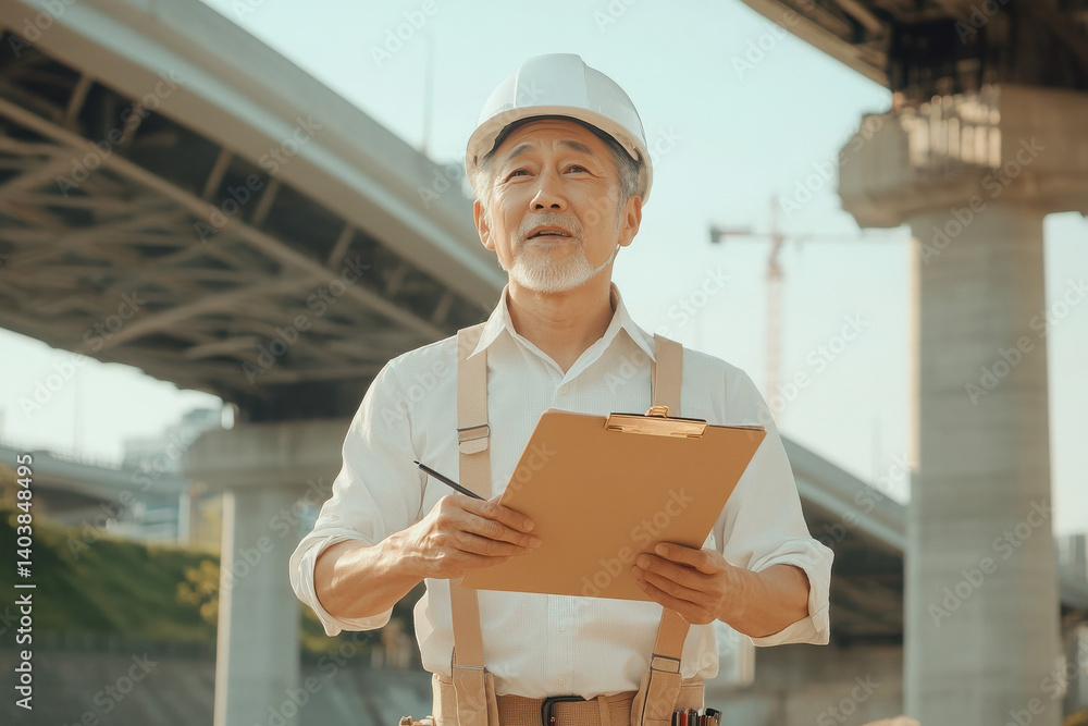 An experienced construction worker inspects a bridge, clipboard in hand, showcasing dedication and expertise in the field. An experienced construction worker inspects a bridge, clipboard in hand, showcasing dedication and expertise in the field.