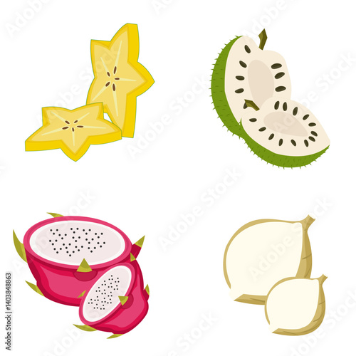 set of fruits,dragon fruit, star fruit, soursop, jicama
