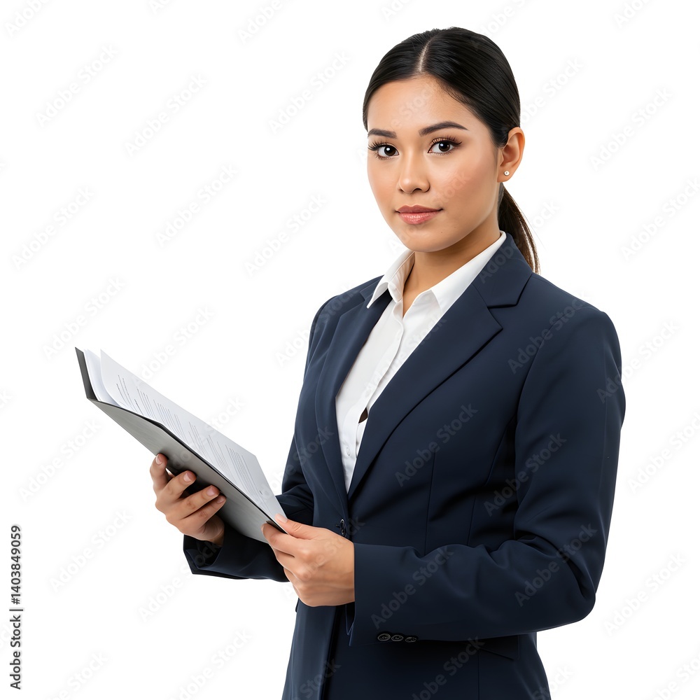 A professional woman in a navy blazer holds an open folder, projecting confidence and focus. Her composed expression reflects expertise and readiness for business. A professional woman in a navy blazer holds an open folder, projecting confidence and focus. Her composed expression reflects expertise and readiness for business.