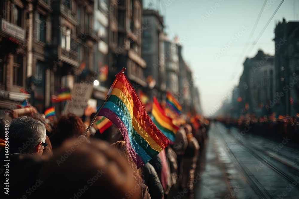 Obraz premium A bustling daytime scene where a crowd marches through a city street, proudly holding rainbow flags, showcasing solidarity and celebration for LGBTQ+ rights and diversity.