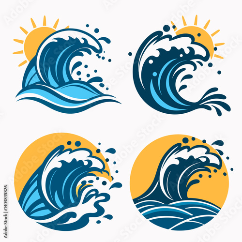 Cartoon Ocean Waves Sun Vector Set: 4 Beach Summer Sea Illustrations