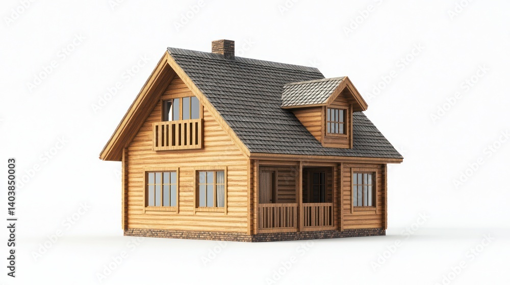 Small wooden house model, 3D rendering, isolated on white background, for real estate or design use Small wooden house model, 3D rendering, isolated on white background, for real estate or design use