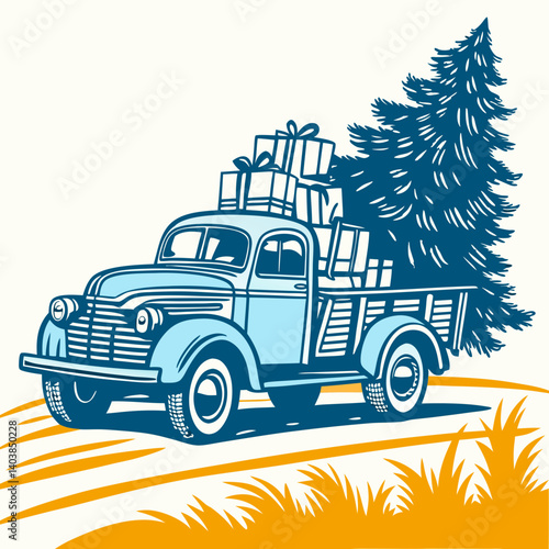 Vintage Blue Pickup Truck Delivering Christmas Tree and Holiday Presents - Vintage Seasonal Holiday Celebration Transportation Vector Illustration Graphic Design Artwork