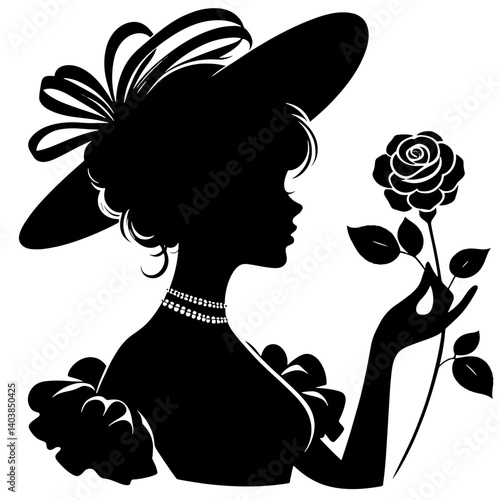 Elegant silhouette of a woman holding a rose in classic style  
