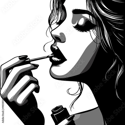 Stylish woman applying lipstick in black and white illustration  