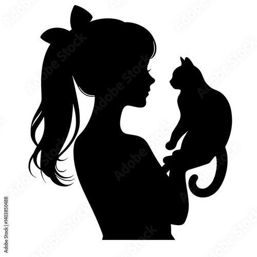 Silhouette of girl holding cat in affectionate pose  