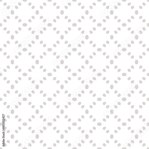 Simple minimal seamless ornament. Abstract geometric pattern with dots, spots, seeds in regular grid. Subtle background texture in white and gray color. Repeated design for decor, textile, wallpaper