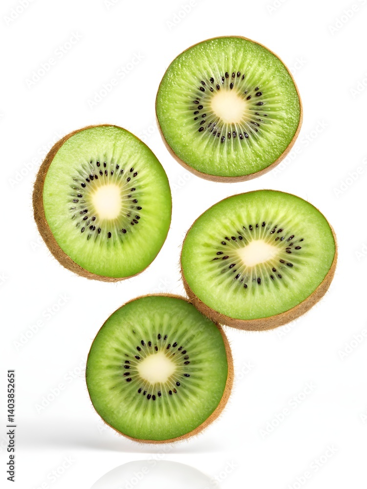 Five Slices of Fresh Kiwi Fruit Floating on White Background Five Slices of Fresh Kiwi Fruit Floating on White Background