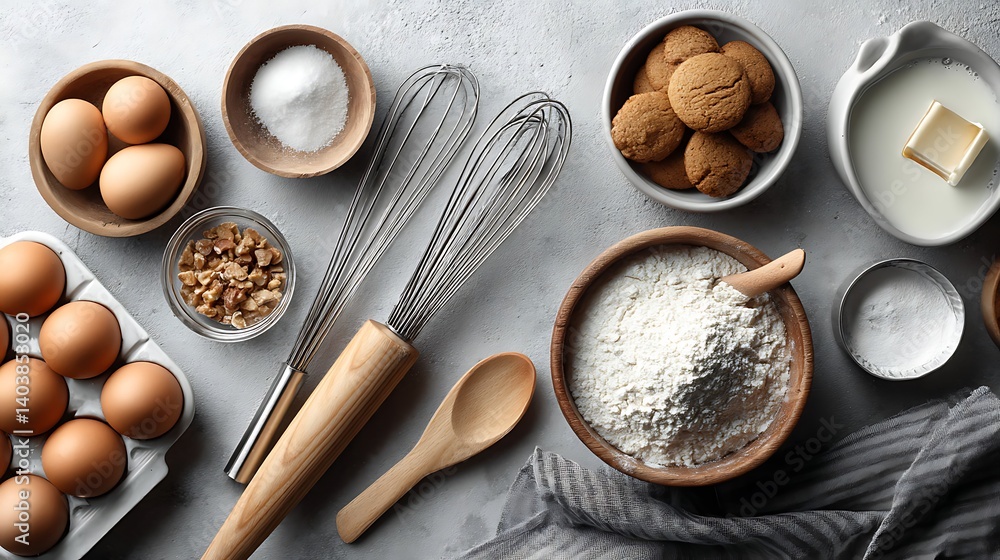 Baking ingredients and utensils arranged for a sweet treat. Baking ingredients and utensils arranged for a sweet treat.