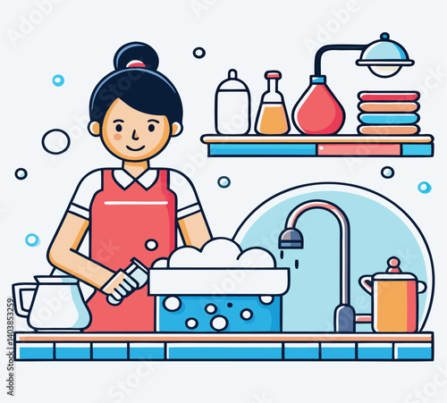 Cartoon Woman Washing Dishes In Sink With Soap And Kitchen Utensils Flat