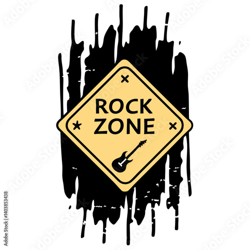 Grunge Rock Zone Graphic - Yellow Diamond Rock Music Sign with Guitar on Black Brushstroke Background - Rock Concert Band Music Logo Design Illust