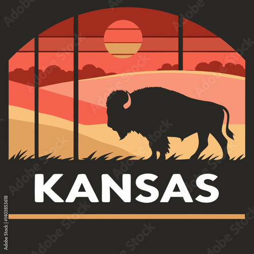 Vintage Retro Kansas Bison Sunset Prairie Landscape Art