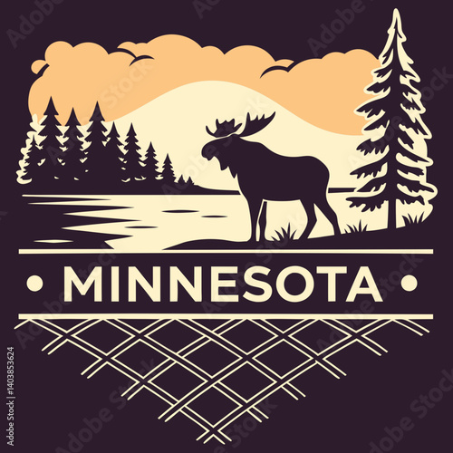 Vintage Minnesota Moose Silhouette Lake Pines Mountains Vector Illustration