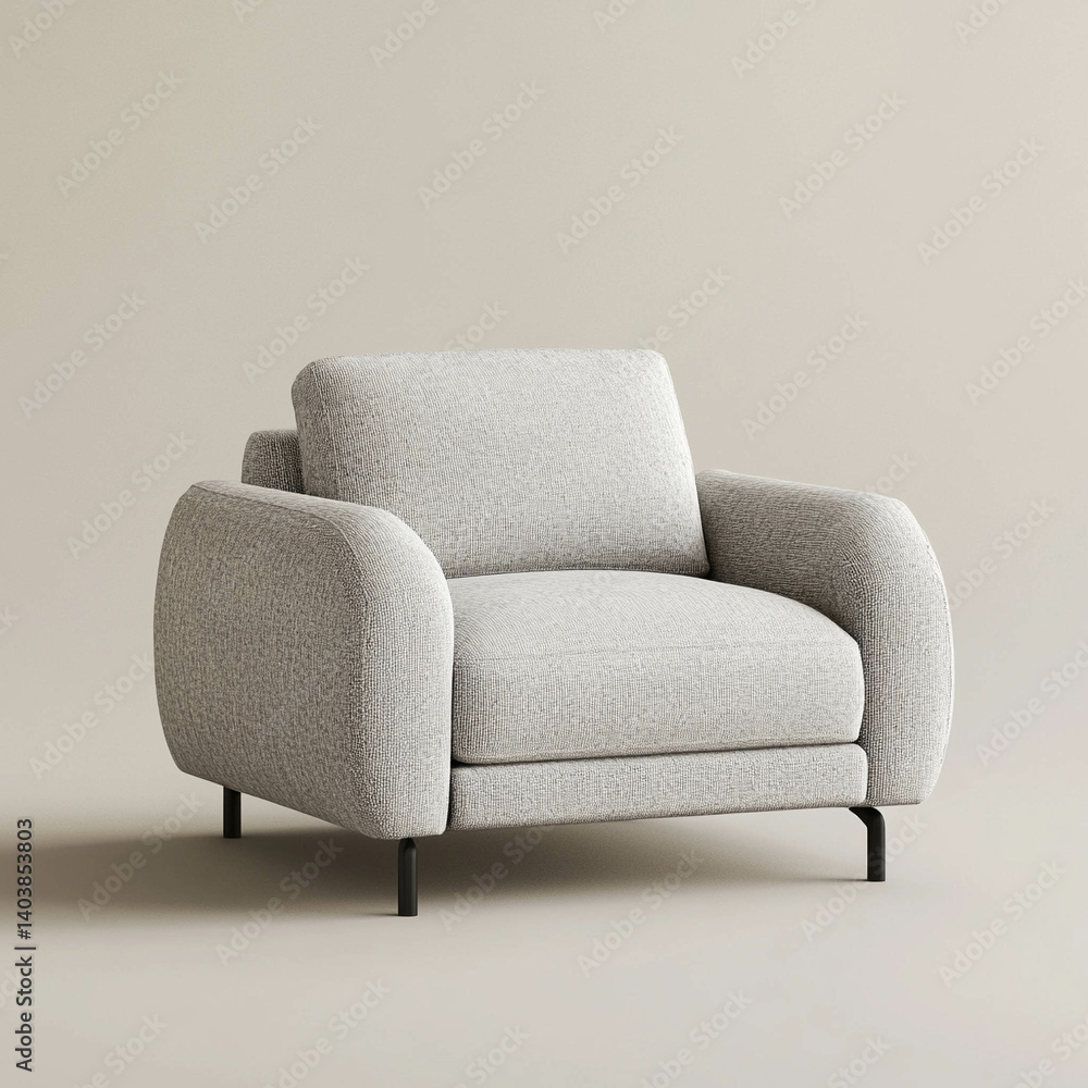 A modern armchair in light gray color on a light beige background