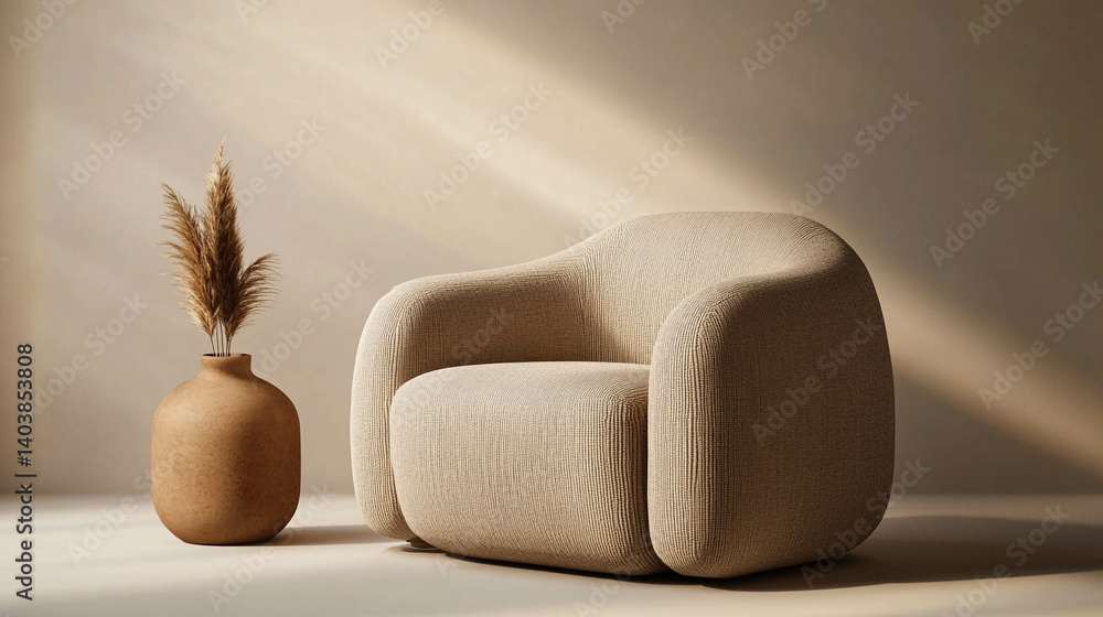 A modern and comfortable armchair in light brown colors and a light beige background and sunlight coming in