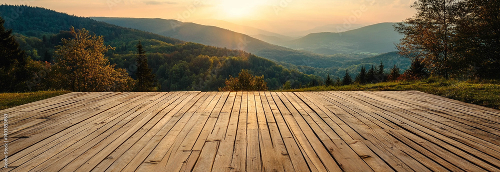 A wooden deck with a beautiful green landscape and a mountain view. Perfect place for relaxation