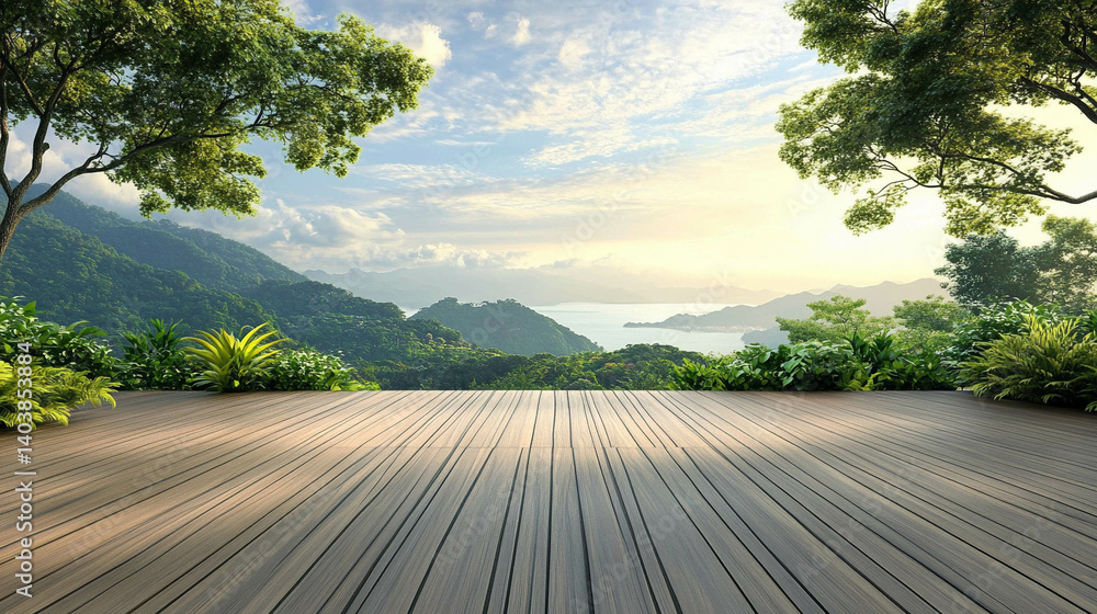 A wooden deck with a beautiful green landscape and a mountain view. Perfect place for relaxation