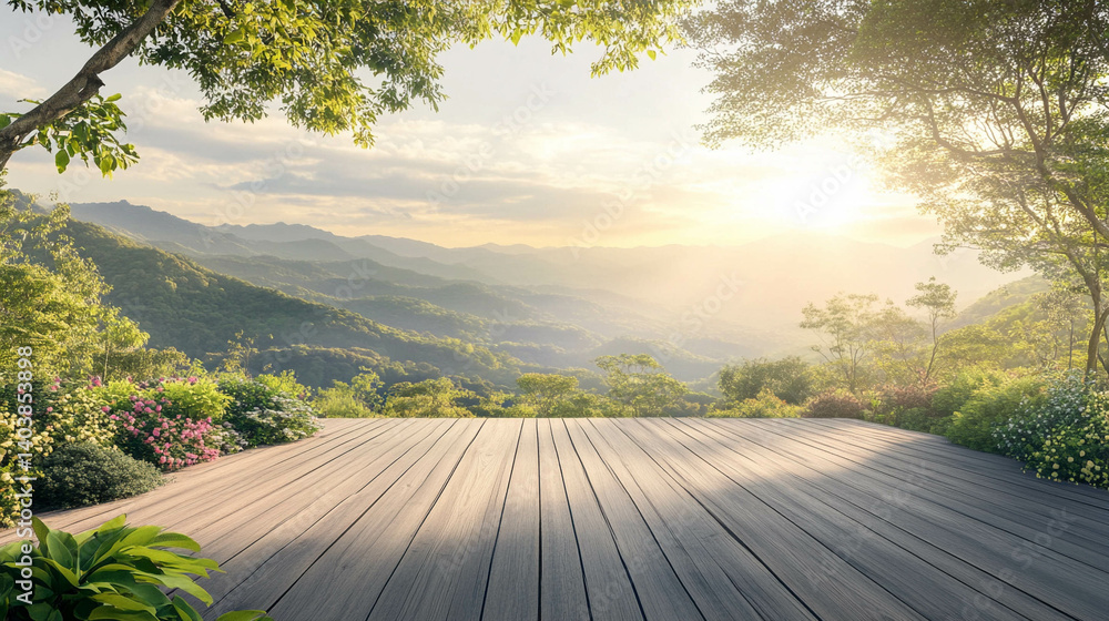 A wooden deck with a beautiful green landscape and a mountain view. Perfect place for relaxation