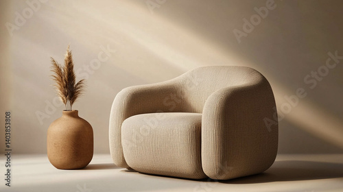Obraz na płótnie A modern and comfortable armchair in light brown colors and a light beige background and sunlight coming in w salonie