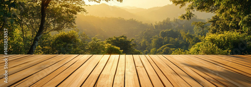 A wooden deck with a beautiful green landscape and a mountain view. Perfect place for relaxation