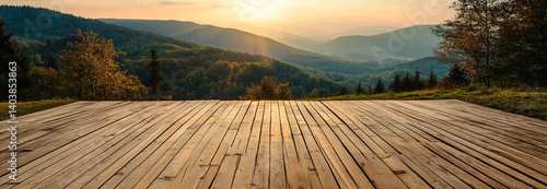 Obraz na płótnie A wooden deck with a beautiful green landscape and a mountain view. Perfect place for relaxation w salonie