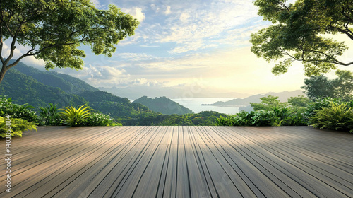 Obraz na płótnie A wooden deck with a beautiful green landscape and a mountain view. Perfect place for relaxation w salonie