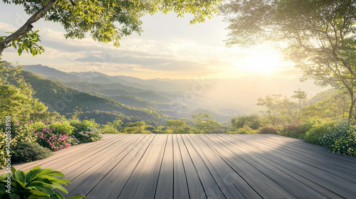 A wooden deck with a beautiful green landscape and a mountain view. Perfect place for relaxation