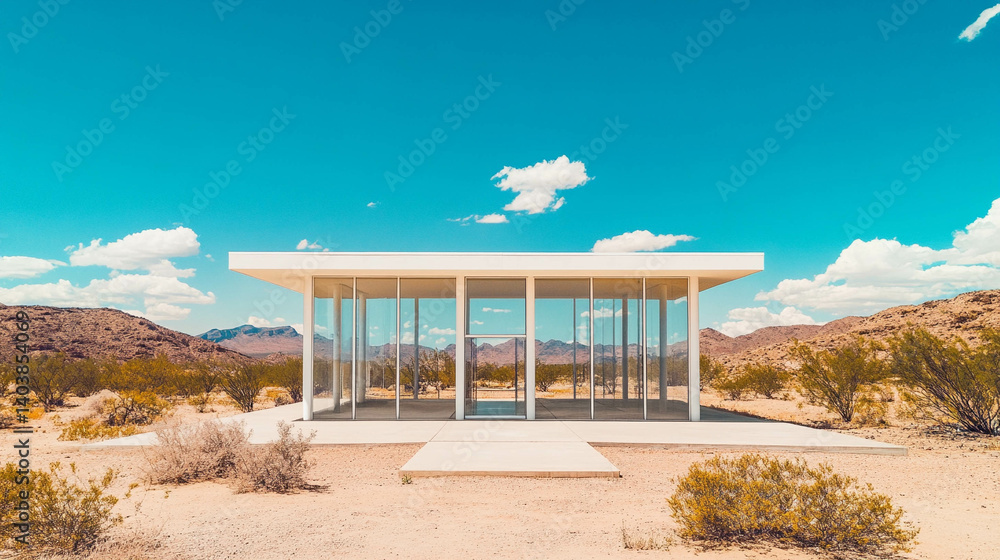 Facade of a fully glazed house with white metal columns in a desert landscape
