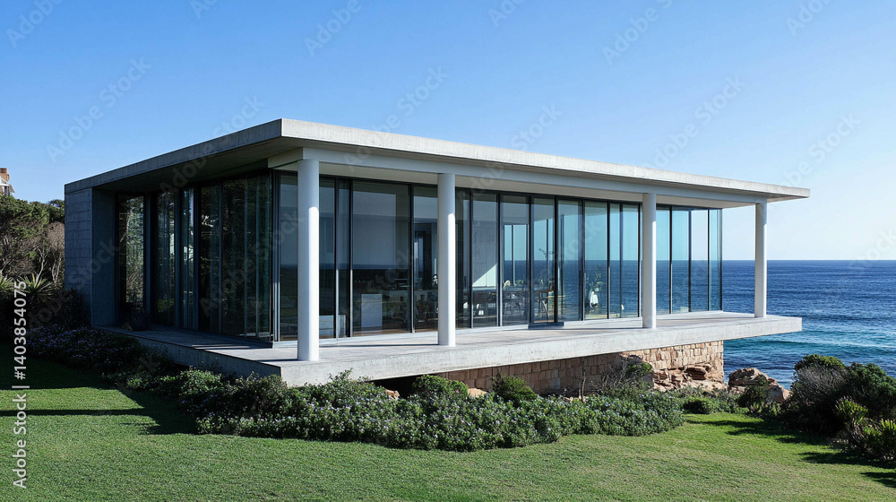 Fully glazed house facade with white metal columns in a coastal landscape
