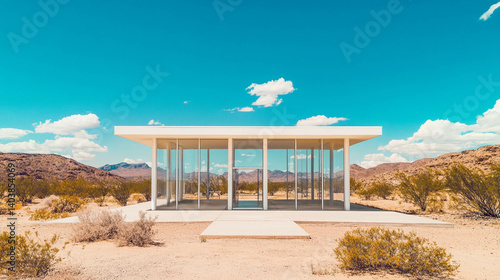 Obraz na płótnie Facade of a fully glazed house with white metal columns in a desert landscape w salonie