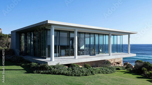 Obraz na płótnie Fully glazed house facade with white metal columns in a coastal landscape w salonie