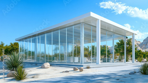 Facade of a fully glazed house with white metal columns in a desert landscape 