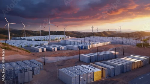 A renewable energy facility with wind turbines and storage containers at sunset.