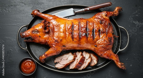 Roasted Suckling Pig on Dark Background - Delicious roasted suckling pig served on a dark tray with sliced meat and dipping sauce. Perfect for menus, food blogs, or culinary publications