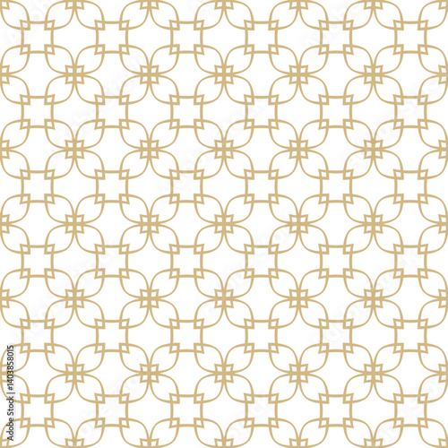 Vector golden abstract geometric ornamental seamless pattern in oriental style. Luxury gold and white minimal ornament with curved lines, floral grid, leaves, lattice. Simple repeated geo background