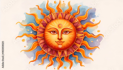 Watercolor style illustration of a sun.  Sinhala and Tamil New Year Sun, Sri Lanka New Year