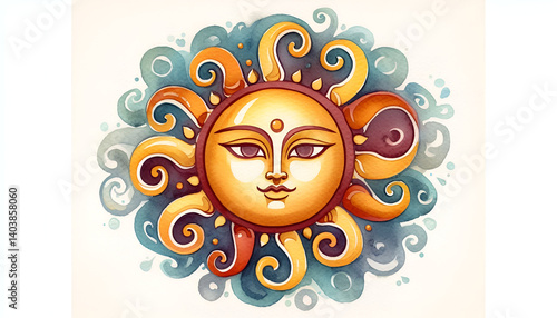 Watercolor style illustration of a sun.  Sinhala and Tamil New Year Sun, Sri Lanka New Year