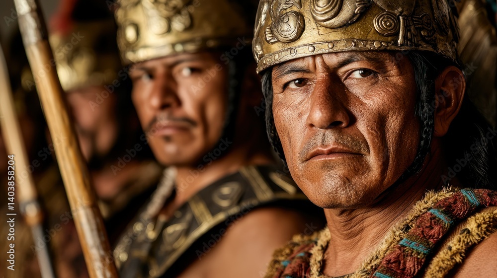 Warriors in ornate attire look forward with focused determination Warriors in ornate attire look forward with focused determination