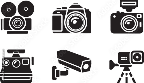 Camera Logo and Icon Set in Vector Silhouette Style, Minimal Photography Symbols for Creative Branding
