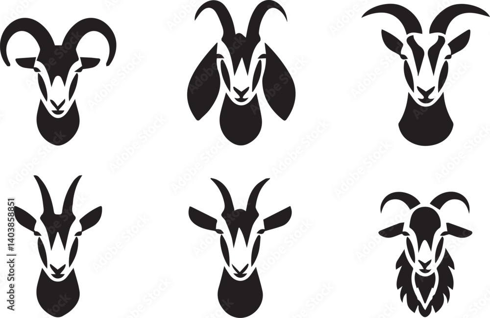 Goat Head Logo Icon Set in Vector Style, Horned Animal Silhouettes for Strong, Rustic Brand Identity Goat Head Logo Icon Set in Vector Style, Horned Animal Silhouettes for Strong, Rustic Brand Identity