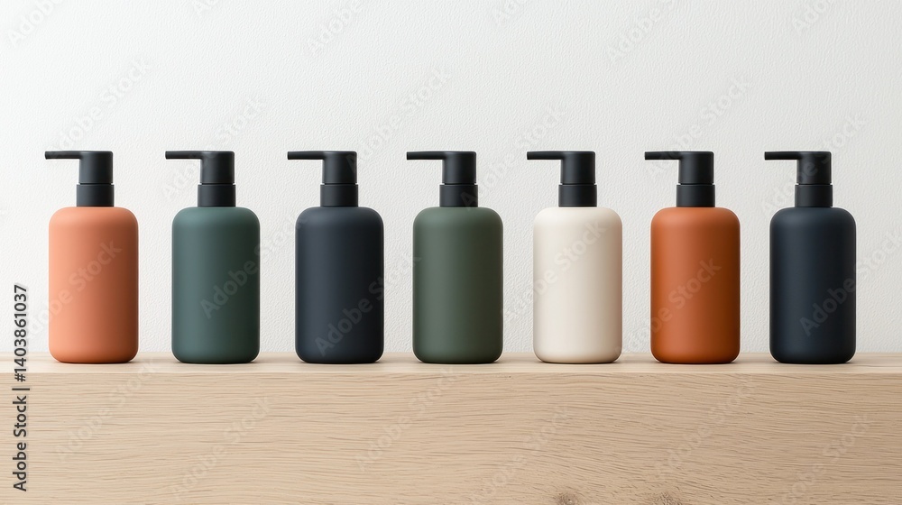 Several colorful and modern liquid soap dispensers are displayed neatly Several colorful and modern liquid soap dispensers are displayed neatly
